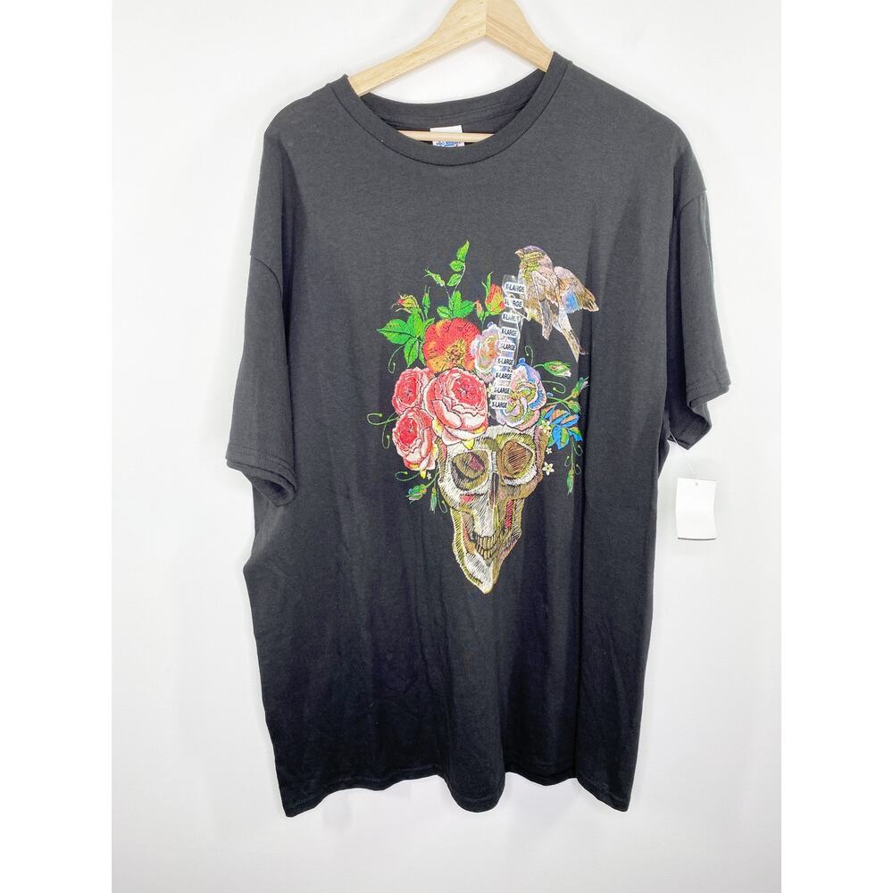 Delta Pro Weight Women Black Skull Floral Graphic‎ Short Sleeve T-Shirt XL NWT